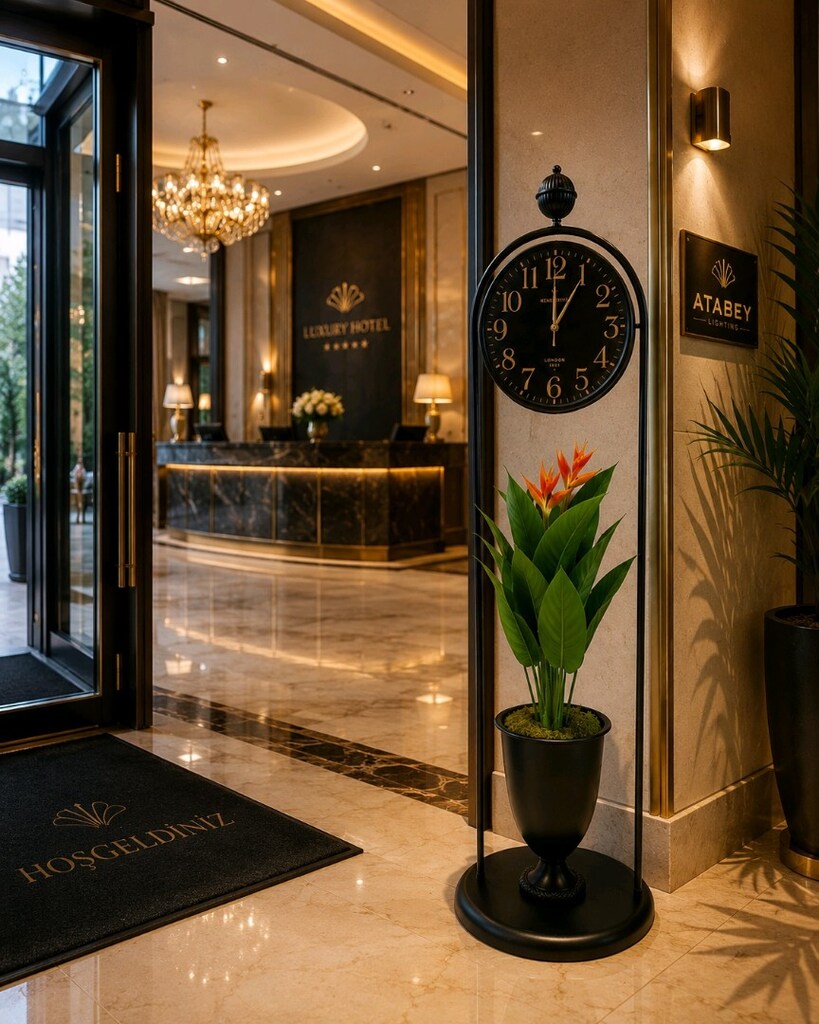 Yapay Çiçekli Metal Ayaklı Saat / Özel Tasarım Dekoratif Salon Saati - 2
