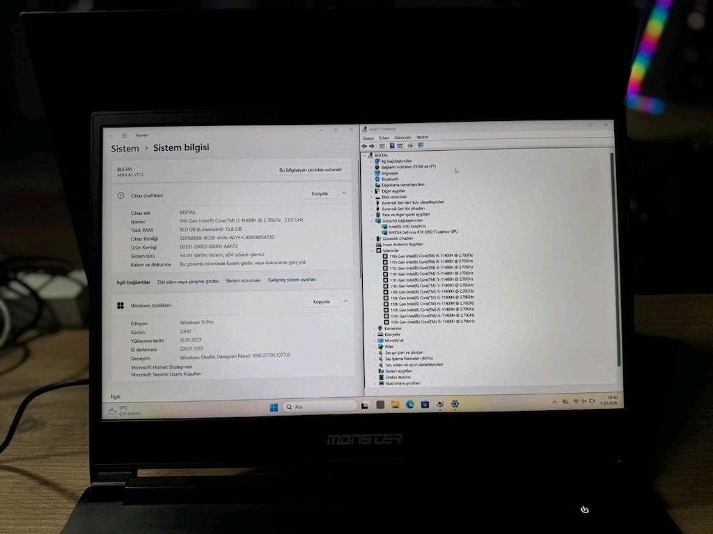 MONSTER RTX 3050TI İ5 11400F 16GB RAM 512 M2SSD TEMİZ LAPTOP - 7