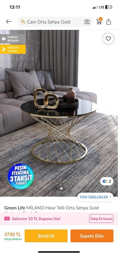 orta sehpa siyah cam gold metal - 2