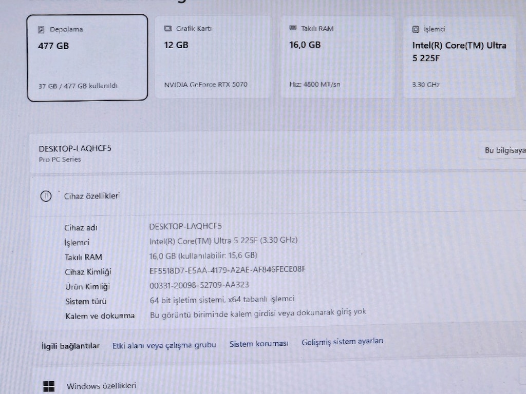 TechnoPc Aurora Core Ultra 5 225F RTX 5070 16GB Ram 512GB SSD - 5