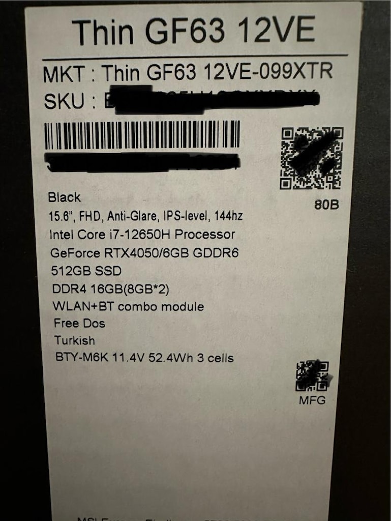 MSI GF63 Oyun Bilgisayarı intel İ7-12650H RTX 4050 Ekran Kartı (6gb) - 5