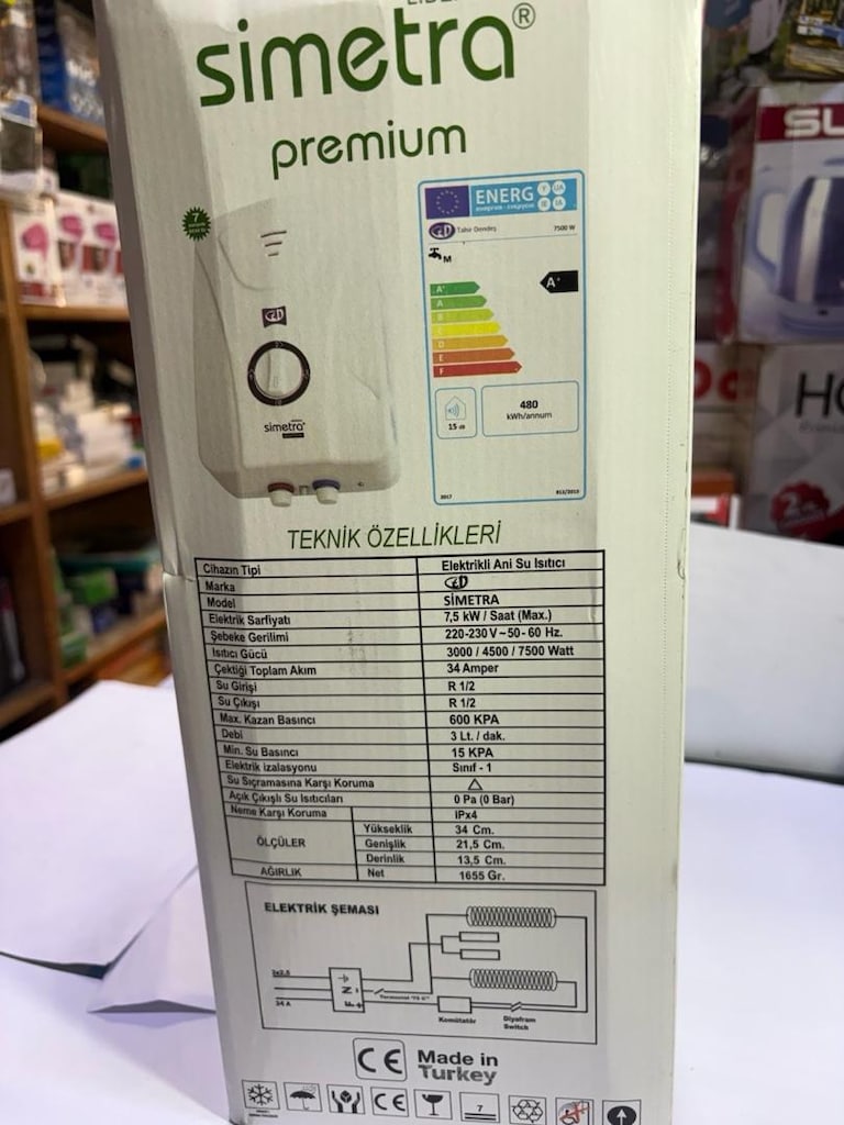 Simetra Premium Elektrikli Şofben 7500W – Anında Sıcak Su, 3 Kademeli - 8
