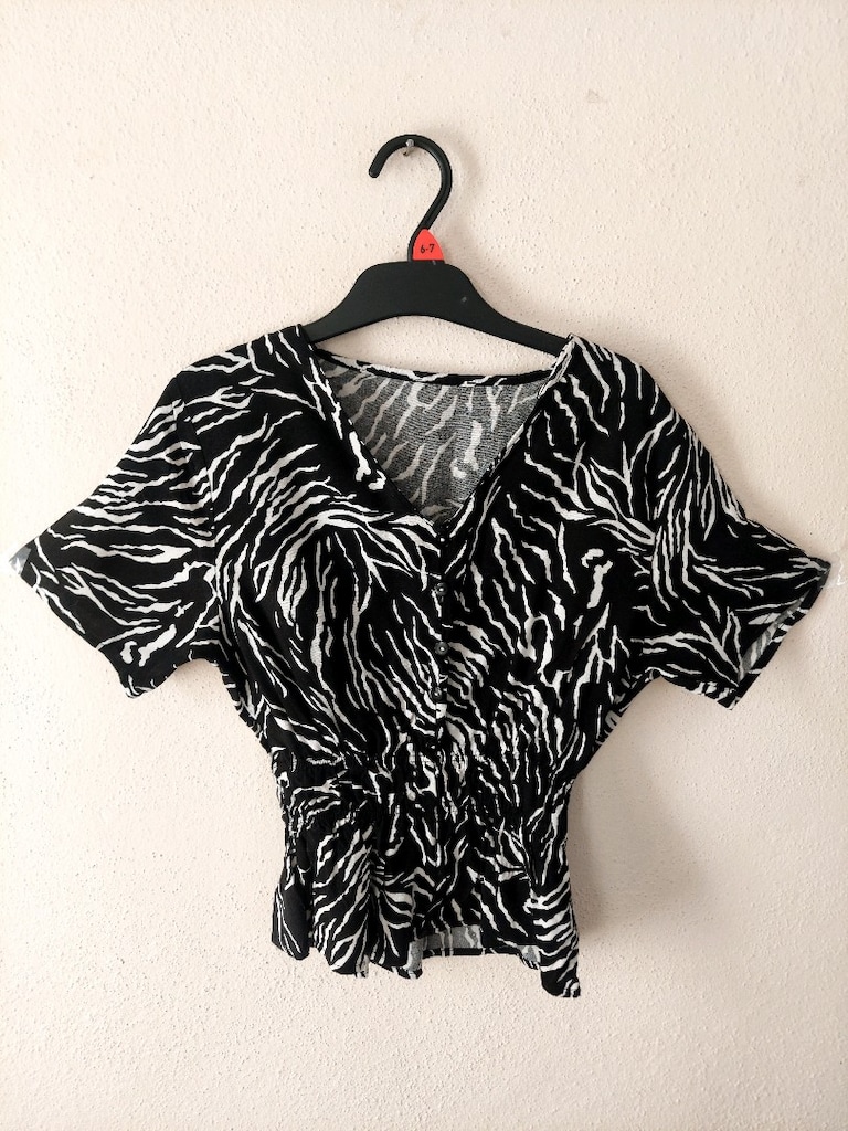 Beli gipeli Zebra Desenli V Yaka Bluz - 2