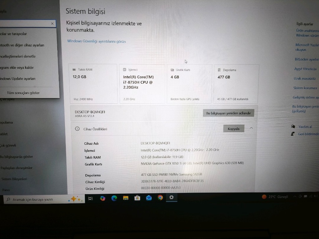 MONSTER ABRA A5 İ7.8.NESİL GTX.1050Tİ 12.CB.RAM 256.CB.SSD TERTEMİZ - 8