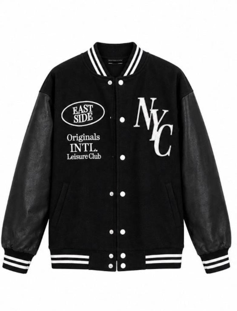 Siyah Deri Kollu Letterman College Ceket - 2