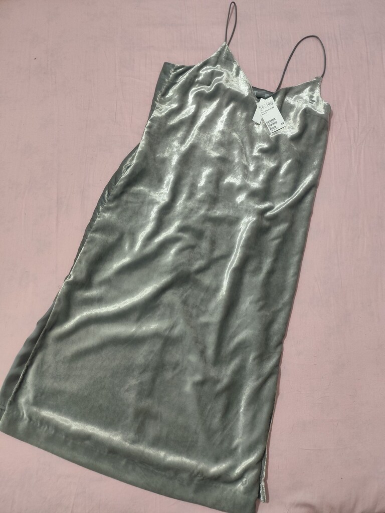 H&M Etiketli Gümüş Gri Kadife 40 Beden Slip Elbise - 6