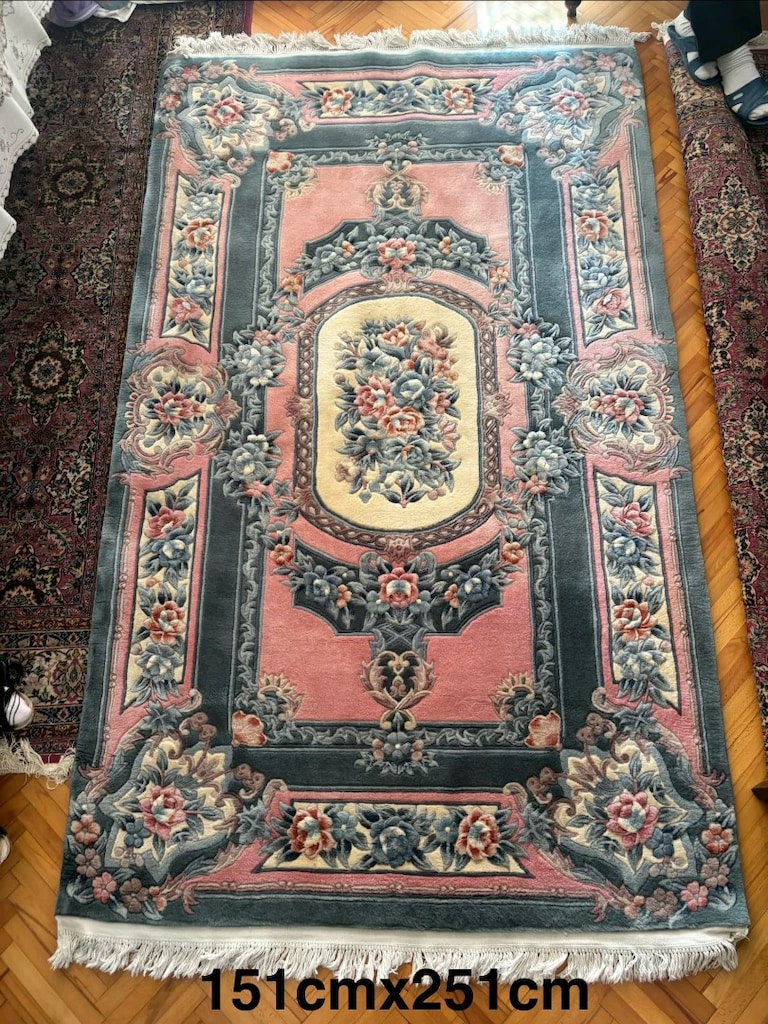 Orijinal El Dokuma Çin Halısı - Pembe/Yeşil Kabartmalı (151x251 cm) - 2
