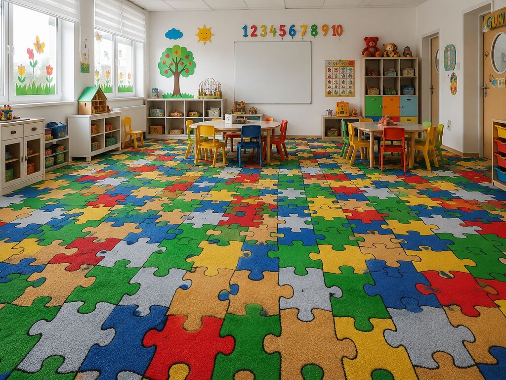 Puzzle Model Baskılı Puzzle desenli bukle Çocuk Halısı Anaokulu - 2