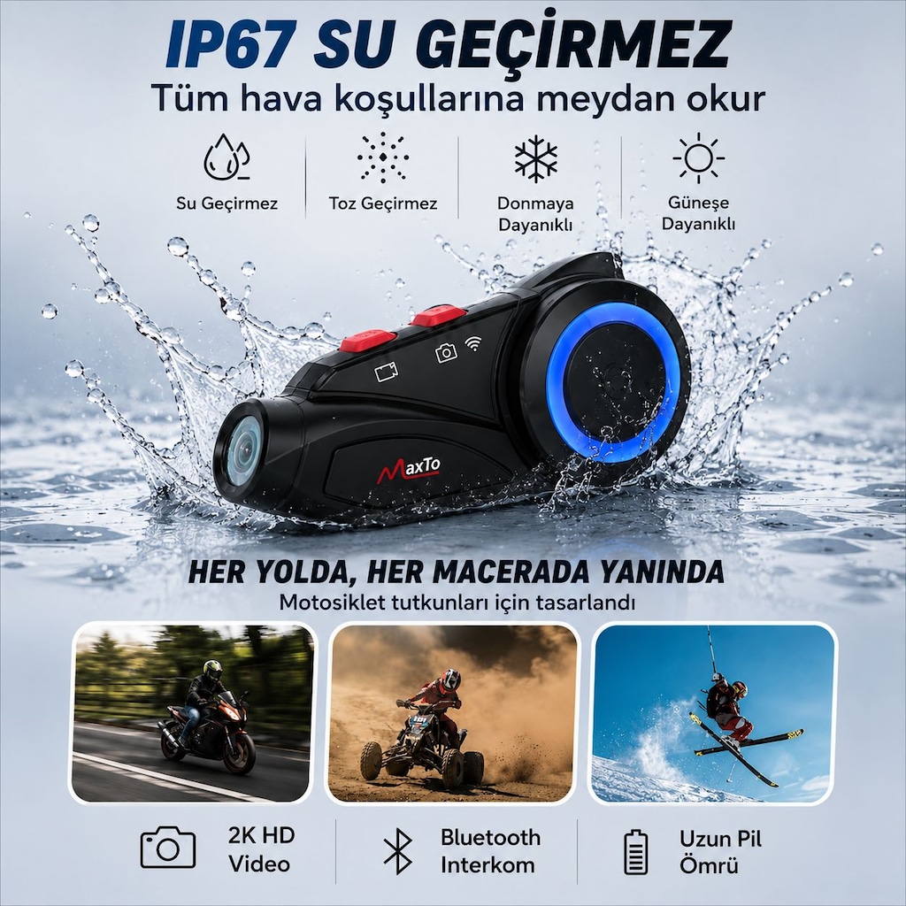 MAXTO M3S 2K Bluetooth Kask Kamerası Intercom Wi-Fi IP67 Su Geçirmez - 3