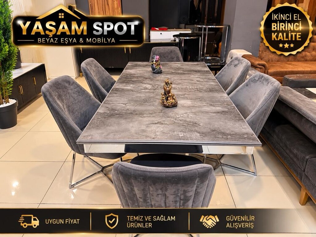 YAŞAM SPOT | Özel Tasarım Gri Mermer Desenli 6 Kişilik Lüks Yemek Masa - 7