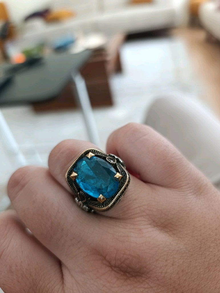 Gümüş Yüzük 925 Ayar Aqua Marin Taşlı - 2