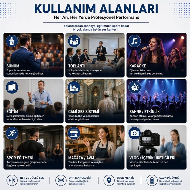 UHF Kablosuz Mikrofon Seti 3’ü 1 Arada El Yaka Boyun