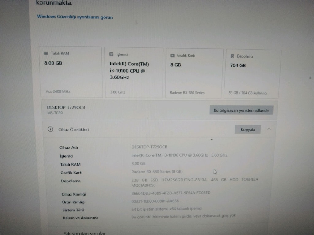i3 10100 islemci 16 ram 256 m2 500disk rx470 ekran karti - 9