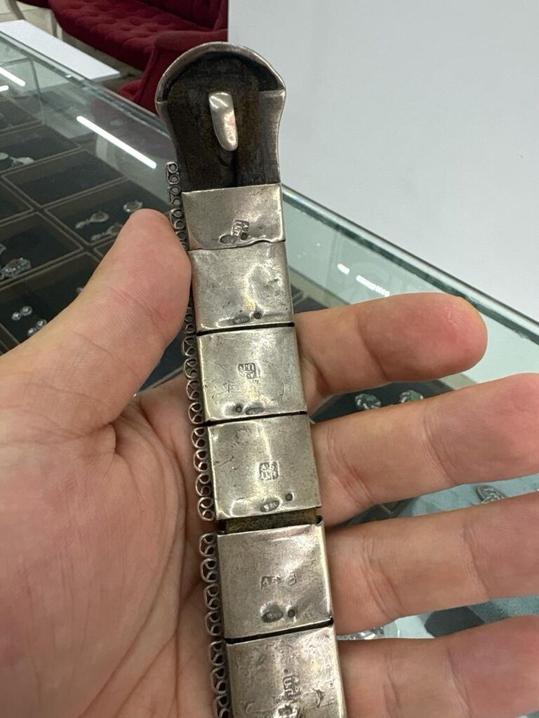 antika yüz yıllık derili hattat işlemeli gümüş kemer - 3