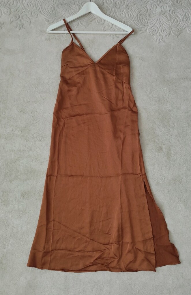 KAHVE TABA İP ASKILI SATEN MİDİ ELBİSE S zara mango koton - 2