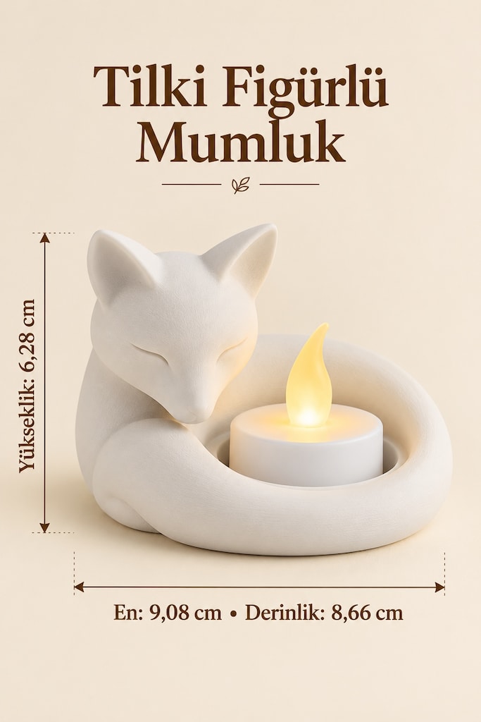 Beyaz Uyuyan Tilki Figürlü Dekoratif Mumluk - Pilli Tealight Mum Dahil - 3