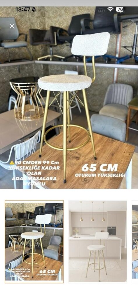 2 ADET TEDDY KUMAŞ BAR SANDALYESİ ESKİTME GOLD KIRIK BEYAZ - 4