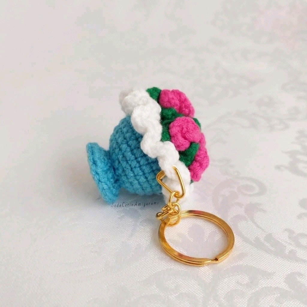 Örgü Çiçek Buketi Anahtarlık Amigurumi Solmayan Çiçek Çanta Süsü - 3