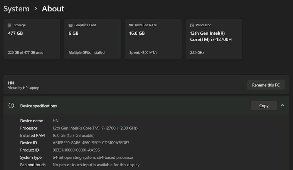 Satılık HP Victus | i7-12700H | RTX 3060 6GB | 16GB DDR5 | 512GB - 3