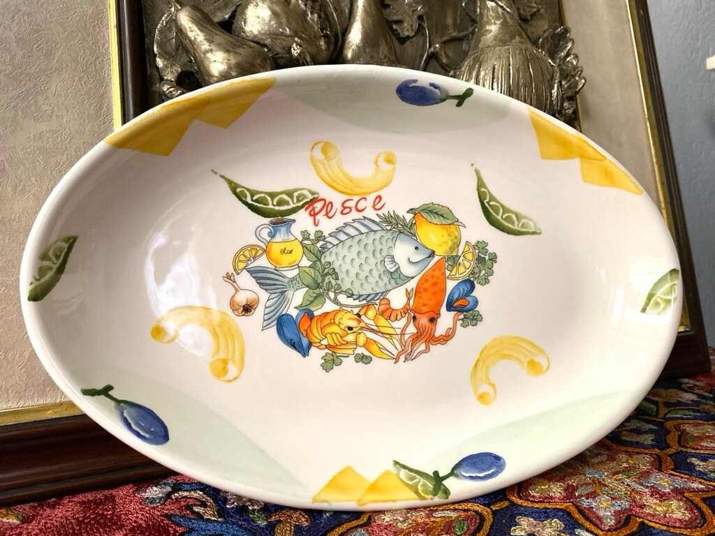 Antika İTALYAN Balıklı El Boyama Büyük Kayık Tabak - Salata & Servis - 9