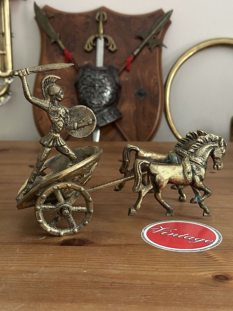 Vintage Yunan 70'ler Antik Savaş Arabası ve Gladyatör Figürü - 5