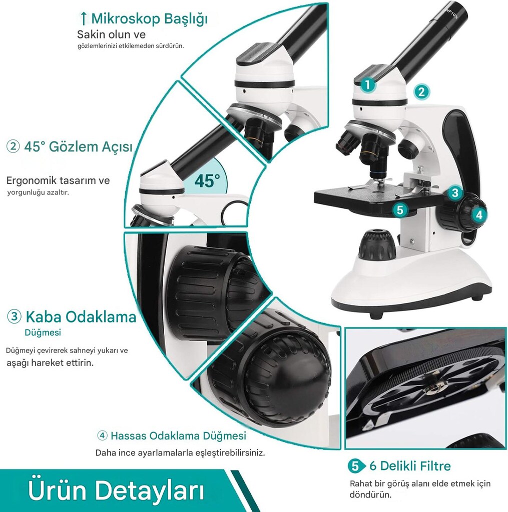 Hutact Monoküler 2000x Metal Gövde Mikroskop Hazır 130 Preparat Kit - 2