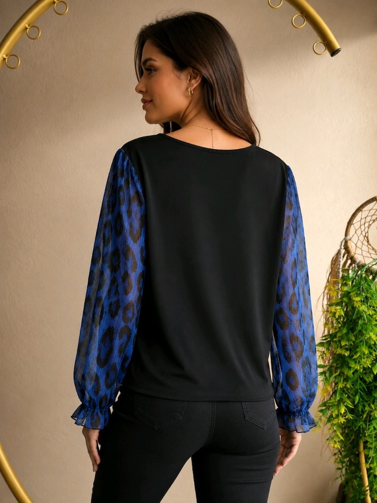 Saks Mavi Leopar Desenli Tül Detaylı Bluz 48 Beden - 2