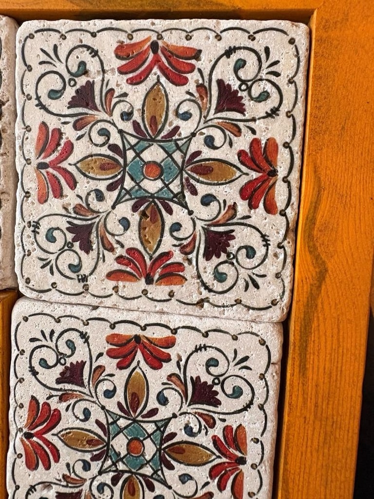 Yellow Vintage Ahşap Çerçeveli Traverten Taşlı Ayna - 7