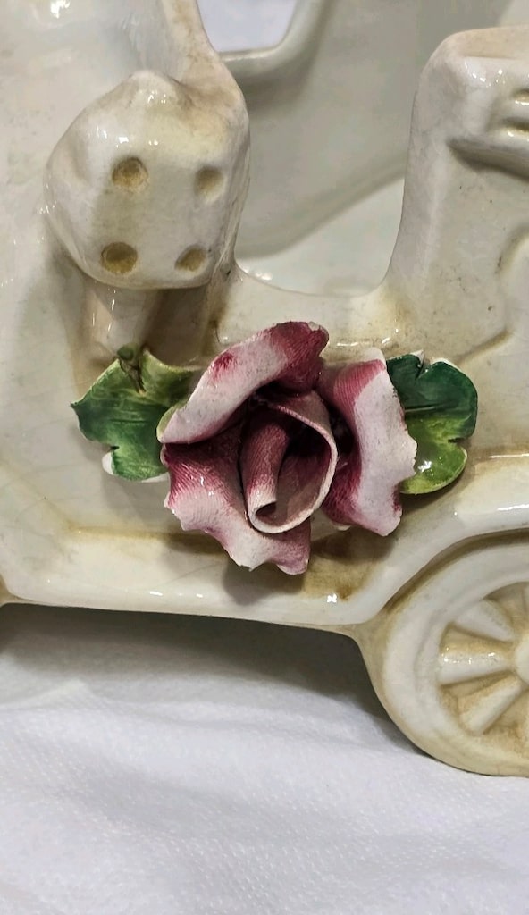 Vintage Porselen At Arabası Saksılık Çiçeklik kapidomonte Gül Detaylı - 2