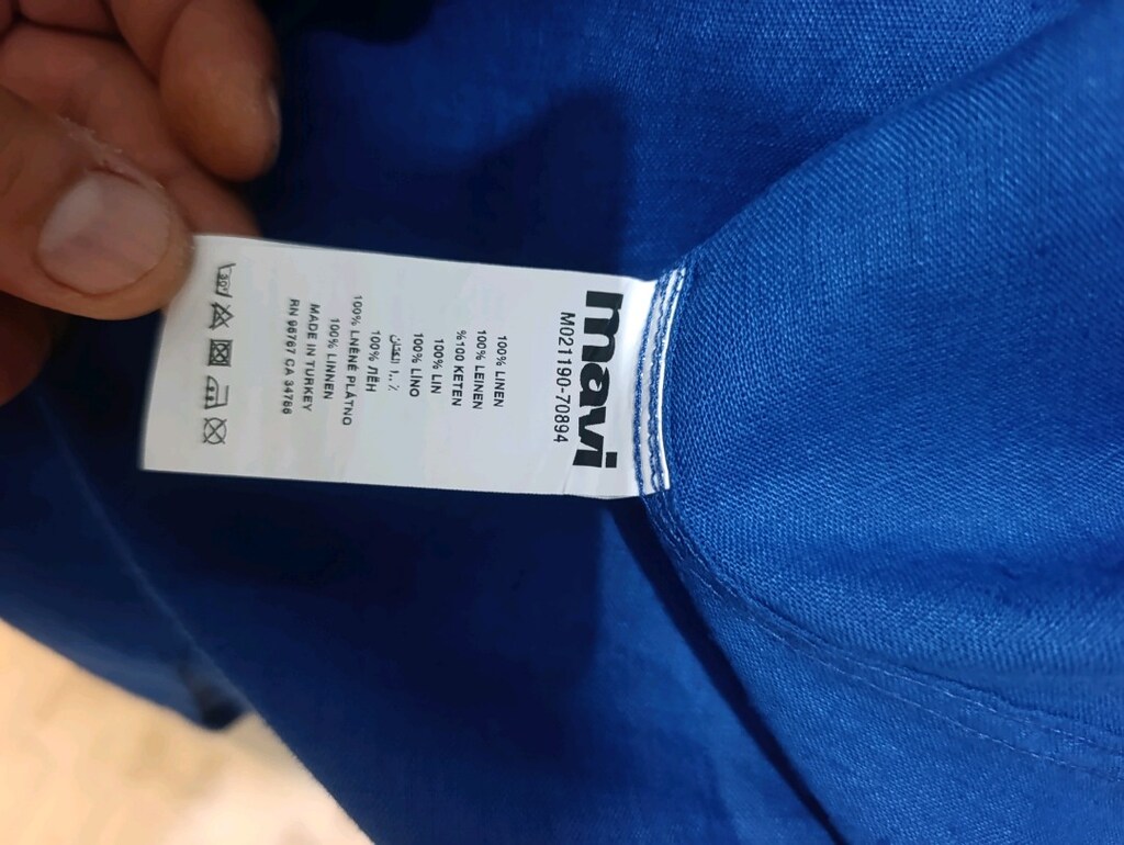 Mavi Keten Beyaz düğme detaylı Keten Gömlek - 7