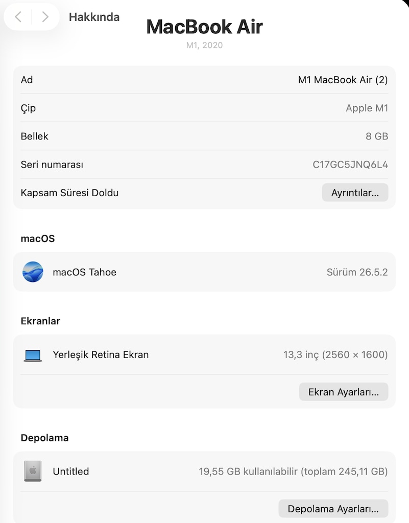 Macbook Air 2020 - M1 Çip - 256 GB SSD - Pil %84 - 6