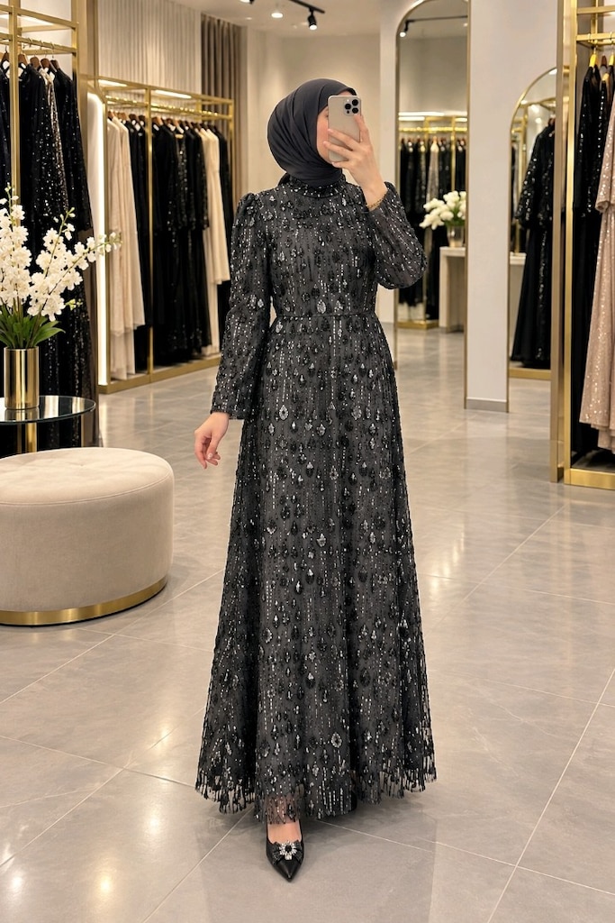 PINAR ŞEMS MARKA TAŞ VE PAYET İŞLEMELİ TESETTÜR ABİYE ELBİSE - 3