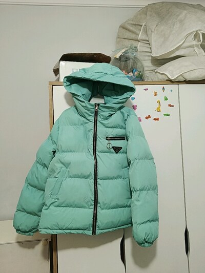 turkuaz Fermuarlı şişme kapşonlu mont polyester Prada