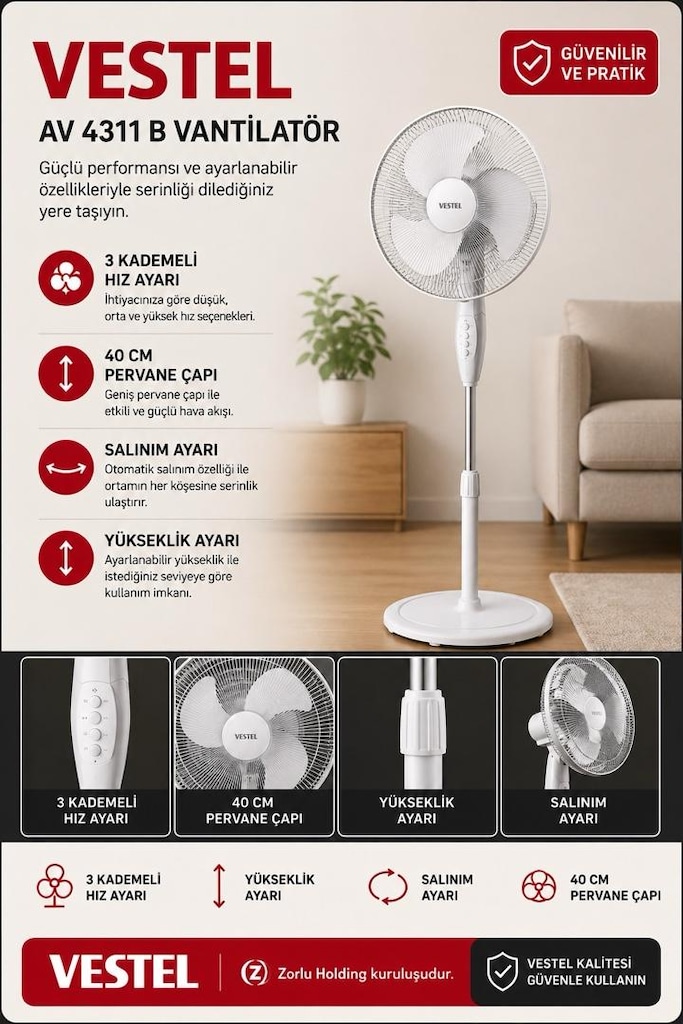 Vestel AV 4311 B Beyaz Ayaklı Vantilatör