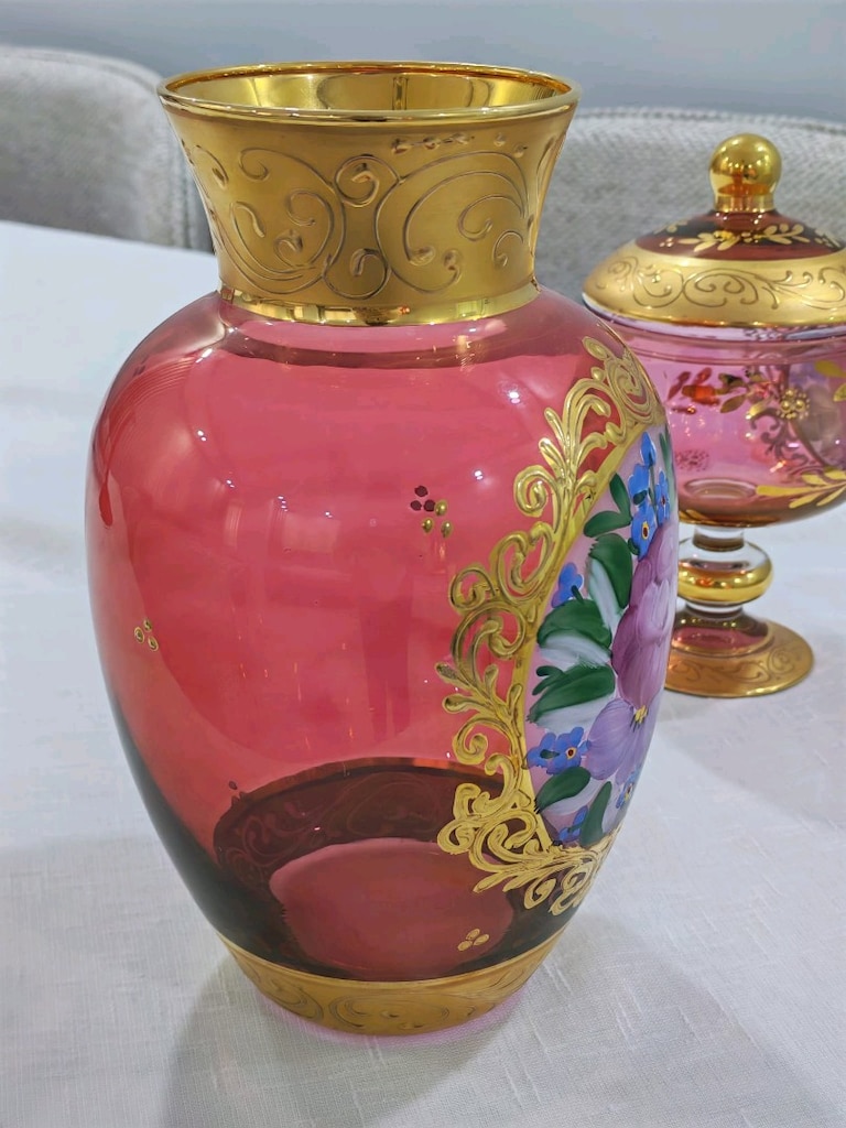 Kusursuz El Boyaması Vintage Bohem Kristal Set Vazo & Şekerlik - 4