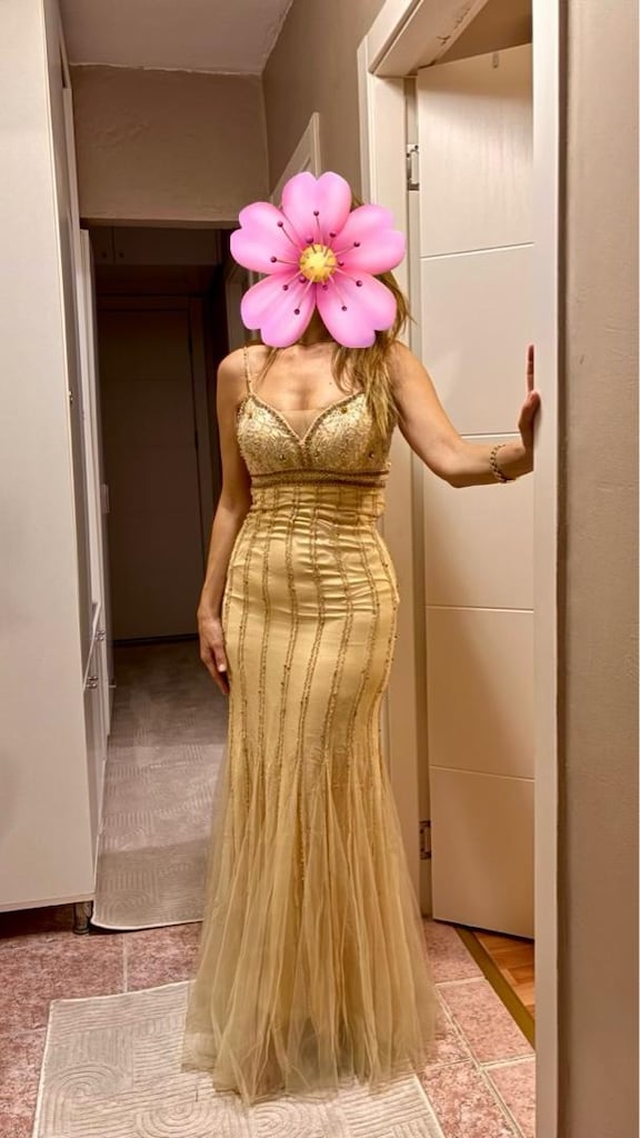 şampanya rengi tül abiye elbise - 4