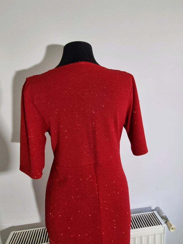 Kırmızı Parlak V Yaka Midi Abiye Elbise - 9