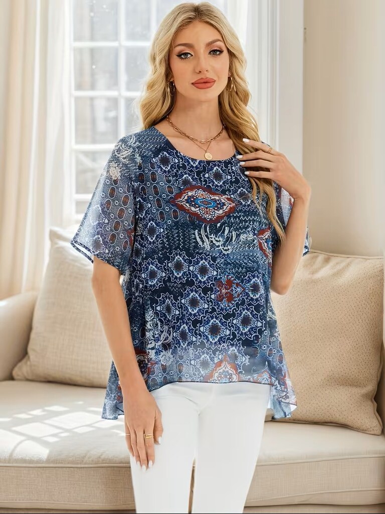 B092 Desenli Kısa Kollu Şifon Bluz - 5