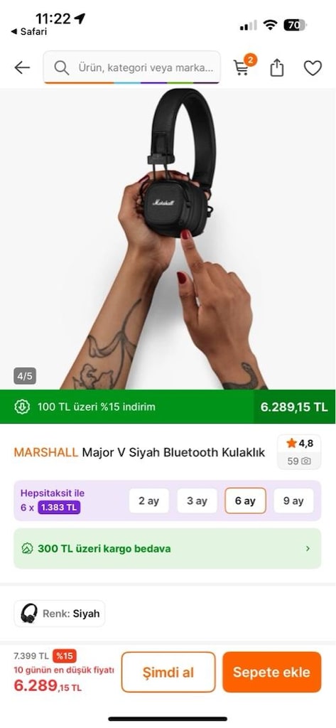 marshall major 5 çok az kullanıldı fatura kutulu iki üç aylık - 2
