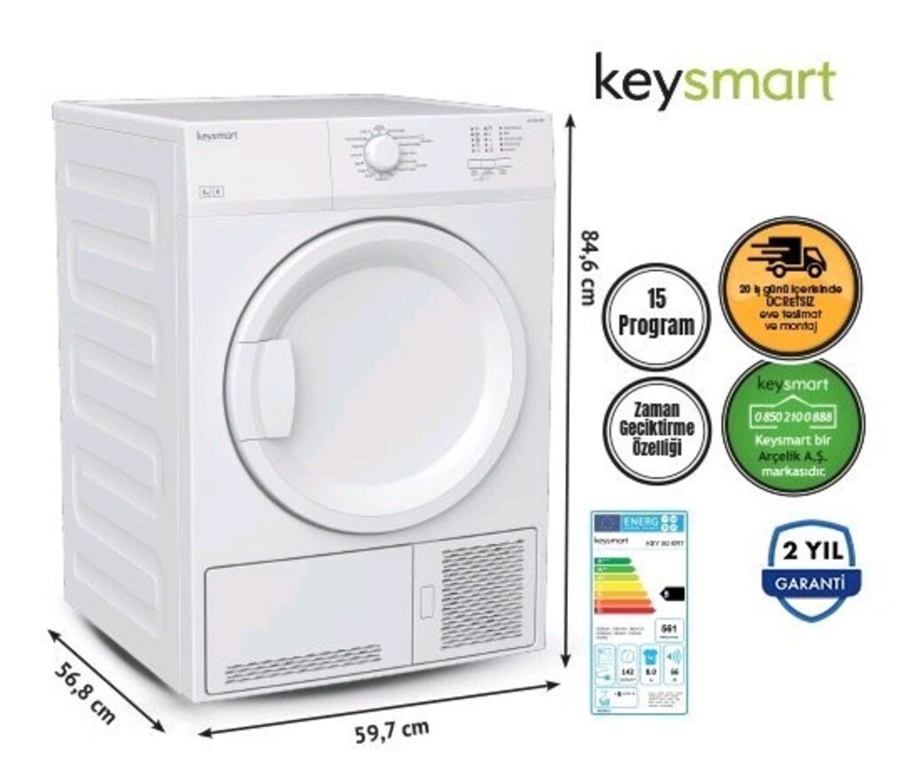 8 KG ÇAMAŞIR KURUTMA MAKİNESİ KEY 80 KRT