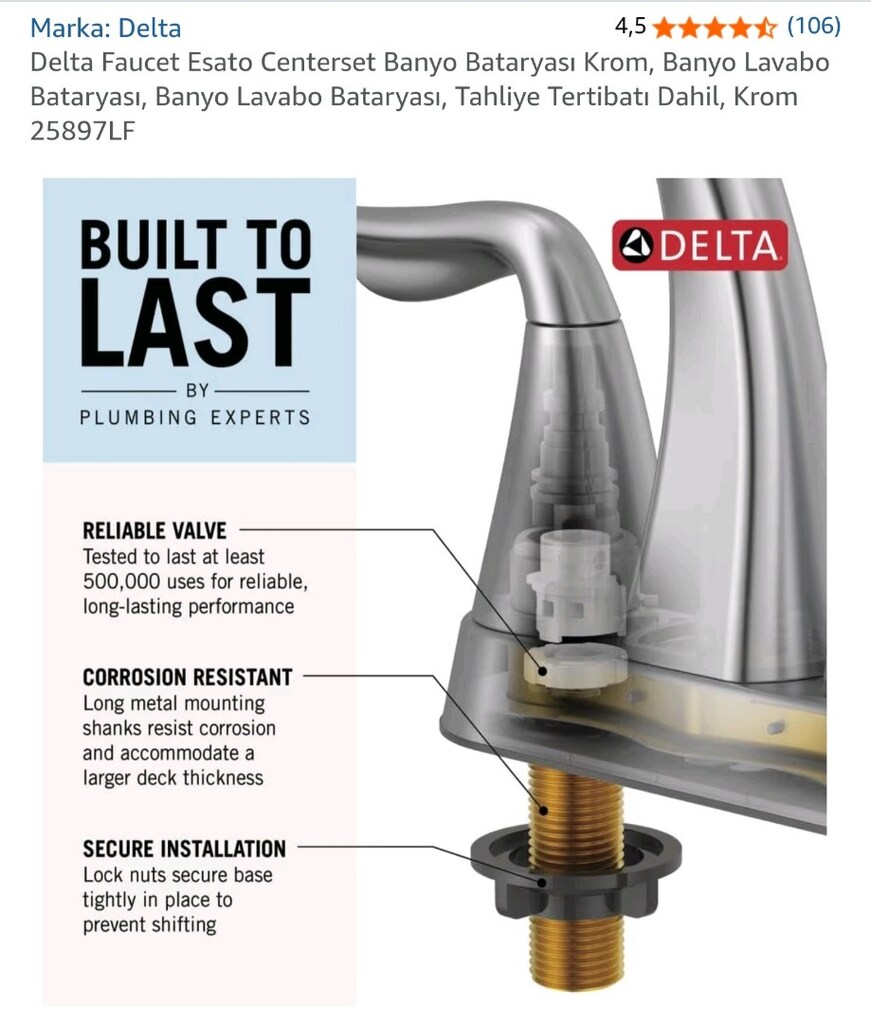 Delta Faucet Esato 25897LF Centerset Banyo Lavabo Bataryası - 4