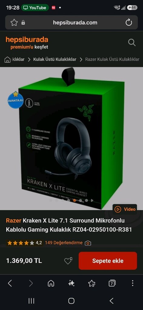 Razer Kraken X Lite 7.1 Surround Mikrofonlu Kablolu Gaming Kulaklık RZ - 10