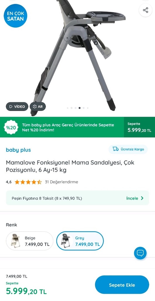 BabyPlus Fonksiyonel Bebek Mama Sandalyesi Çok Pozisyonlu 6Ay - 15 Kg - 7