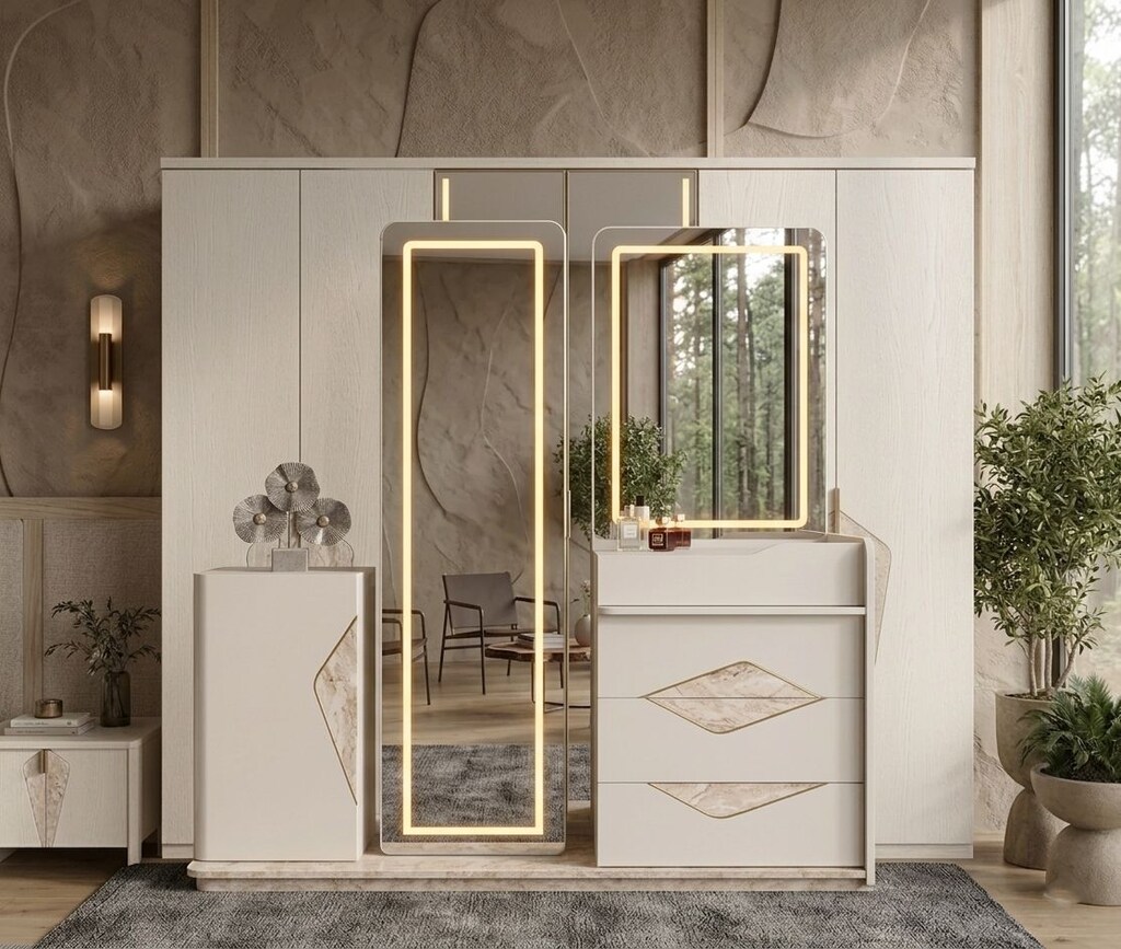 Sıfır,%100 MDF, LED Aydınlatmalı 6 Kapılı Gardırop- kum beji,Traverten - 9