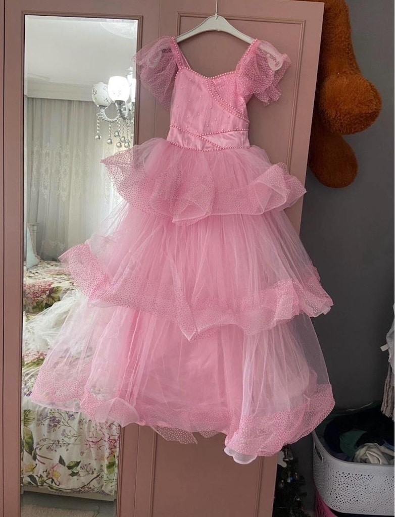 pembe kat kat tüllü kız çocuk abiye elbise - 6