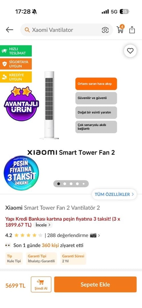 Xiaomi - Smart Tower 2 Vantilatör Kule Tipi