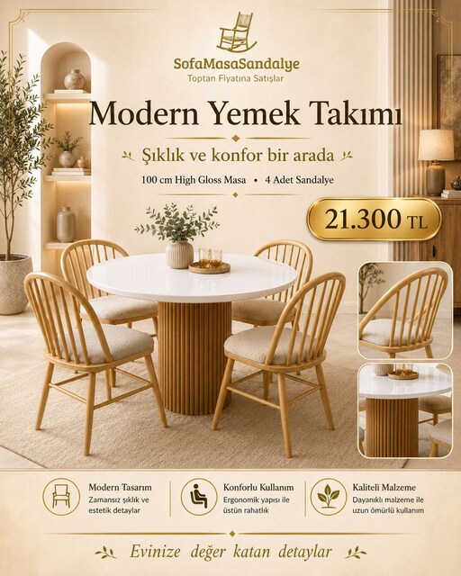 100 cm High Gloss Masa Takımı – 4 Sandalye