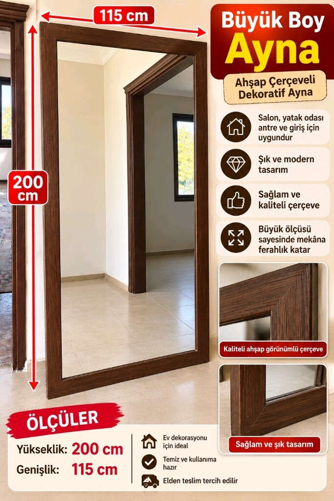 Büyük Boy Ahşap Çerçeveli Ayna – 200x115 cm – 2 Adet - 2