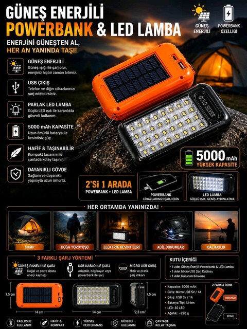 Güneş enerjili 5.000 mAh powerbank-led lamba