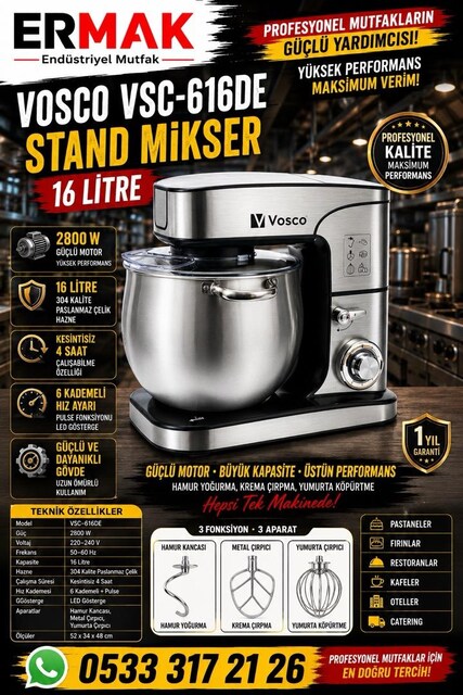 VOSCO VSC-616DE STAND MİKSER – 16 LİTRE